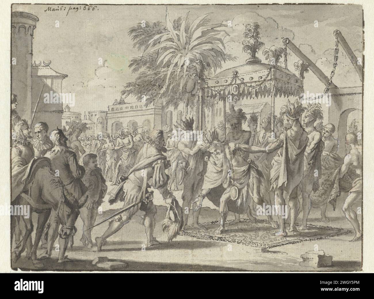 Hernán Cortés è stato ricevuto da Montezuma, Jan Goeree, 1704 - 1727 Drawing Design per un'illustrazione di un libro. carta. vernice del ponte. inchiostro. pennarello/pennello storico persone. esplorazione, spedizione, viaggio di scoperta. Popoli nativi del Sud America, Messico Foto Stock