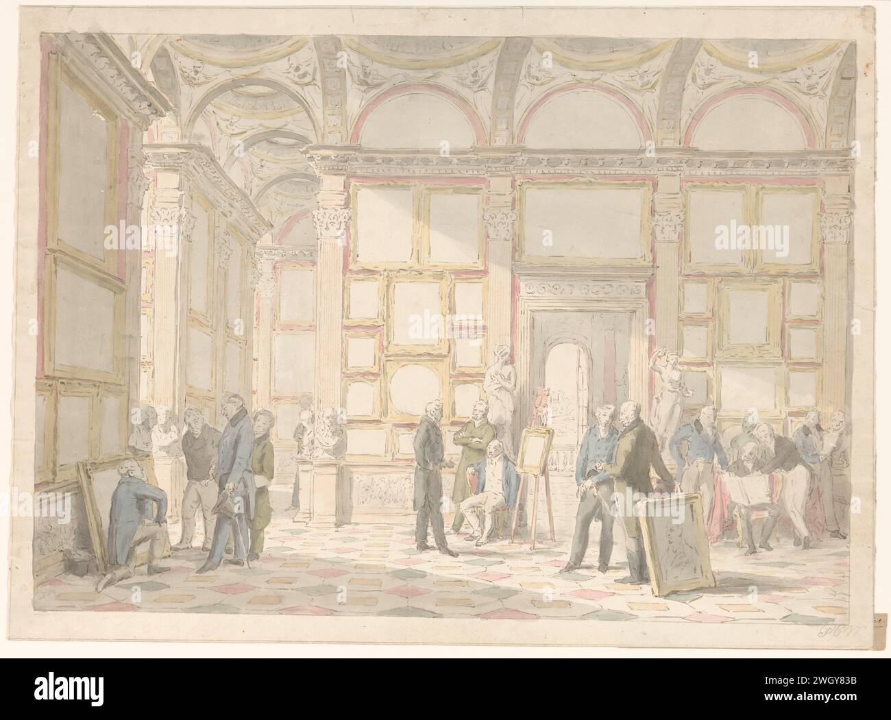 Amanti dell'arte in una galleria, c. 1826 - c. 1830 disegno schizzo del dipinto di una galleria con un certo numero di noti amanti dell'arte, dipinto per Lord Murray. Introdotto da sinistra a destra: G. Watson Taylor, Rev. W. Holwell Car, Sir John Murray, P.C. Wonder, Sir R. Peel, Sir D. Wilkie R.A., G.O. Wyndham (Conte di Egremont); G.J.W. Aga-elis (poi Barone dover), R. Earl o Grosvenor (poi Duca di Westminster), G. Granville (Marchese di Stafford, poi Duca di Sutherland e come ritratto); Sir CH. Long (poi Lord Farnborough), Sir Abraham Hume Bart, e il conte di Aberdeen. Pennello/penna per carta Londra Foto Stock
