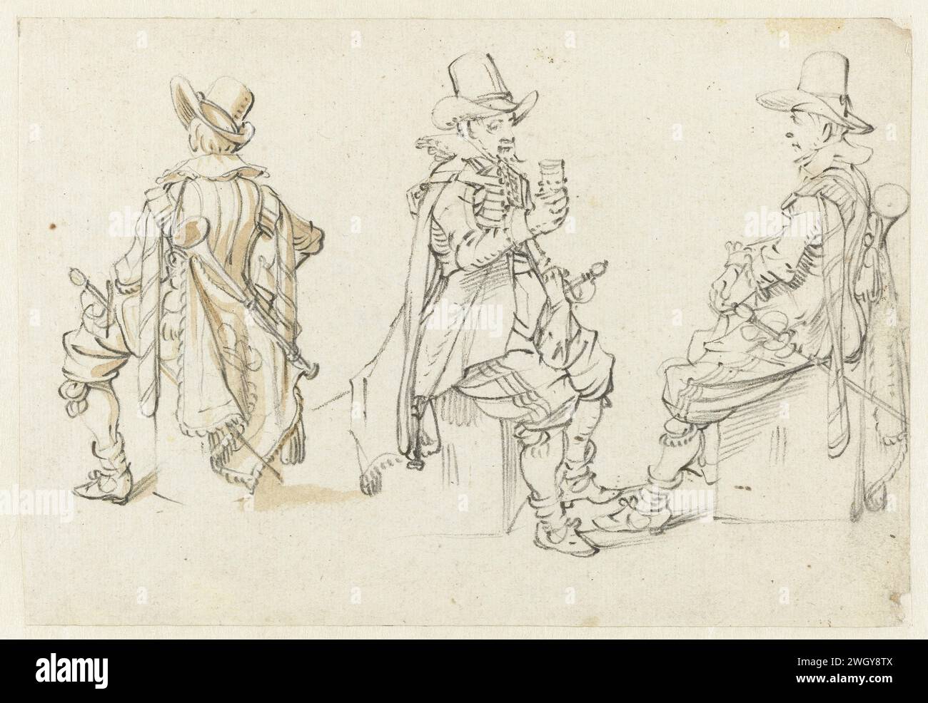 Tre studi su un trombettista seduto, Jan Martszen de Jonge (attribuito a), 1620 - 1623 carta da disegno. gesso spazzolare musica militare. il soldato; la vita del soldato. corno, tromba, cornetta, trombone, tuba Foto Stock