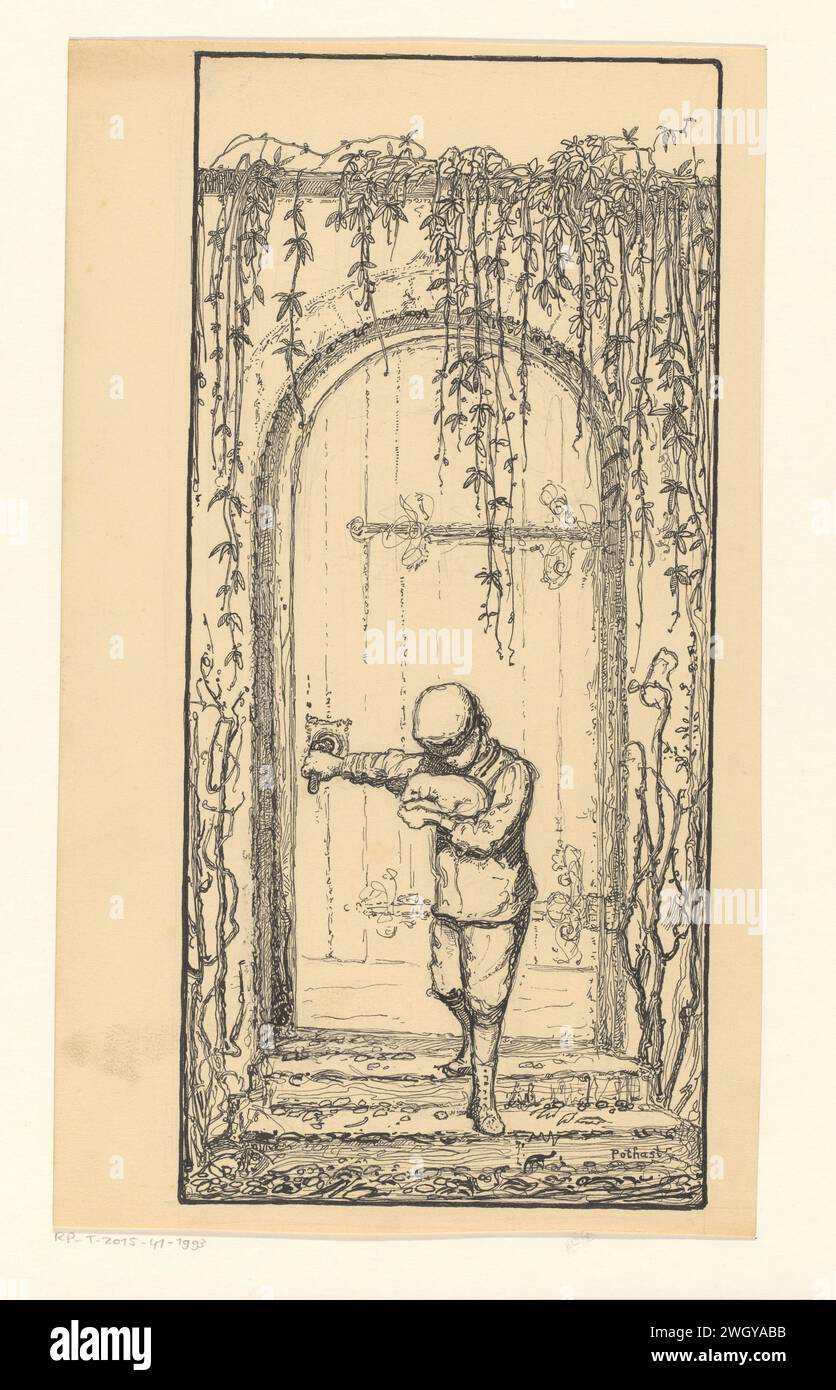 Ragazzo con gatto vicino a una porta, Willem Pothast, 1887 - 1916 che disegna Un ragazzo in piedi con un gatto sul braccio sui gradini di fronte a una porta e tiene la mano destra sulla maniglia della porta. Le piante che arrampicano e pendono crescono intorno alla porta. carta. inchiostro. penna a matita (bambino tra bambino e bambino). porta chiusa. cat. piante (in generale) Foto Stock