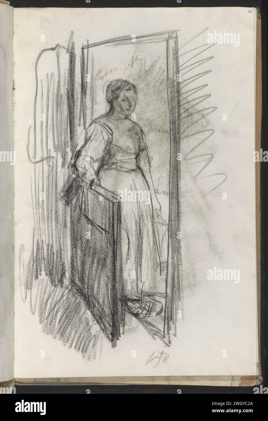 Donna in una porta, 1854 - 1914 la donna apre mezza porta. Pagina 28 Recto from a sketchbook with 53 sheets. carta. gesso donna adulta. aprire lo sportello Foto Stock