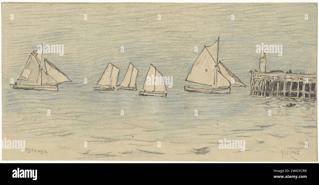 Navi a vela alla Steiger van Ostend, Adolf le Comte, carta da disegno 1860 - 1921. Molo di gesso, banchina, molo di Ostenda. Belgio Foto Stock