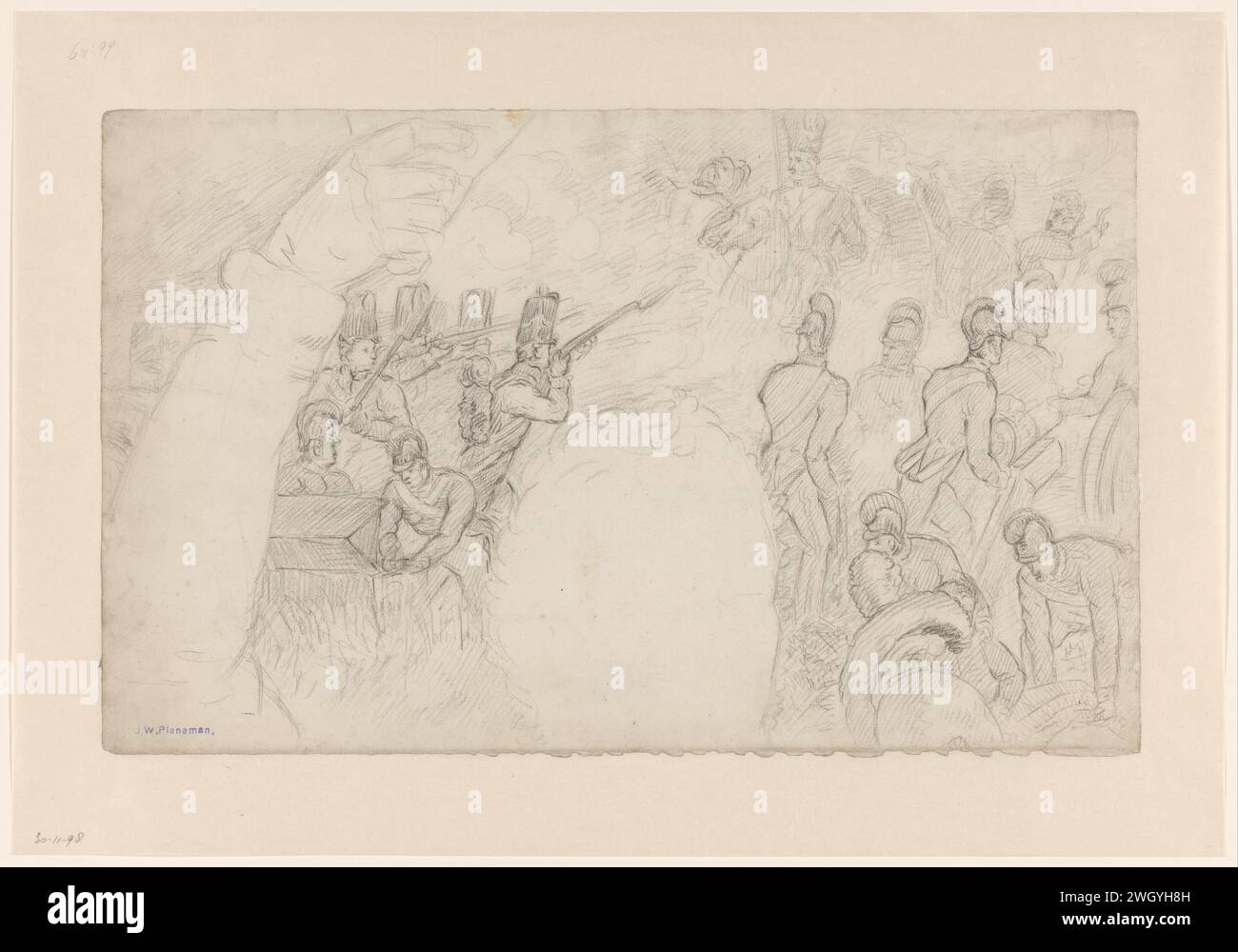 Studio per la battaglia di Waterloo, Jan Willem Pieneman, c. 1824 disegnando intorno alle superfici vuote davanti al braccio e alla testa di Fremantle, aiutante di Wellington, Pieneman attirò un gruppo di fanteria che si sparse sul nemico con le loro muschette. Un cannoniere della British Horse Artillery ottiene munizioni da una cosiddetta ammunitioncaisson. carta. battaglia con gesso (+ forze terrestri). eventi e situazioni storiche Foto Stock