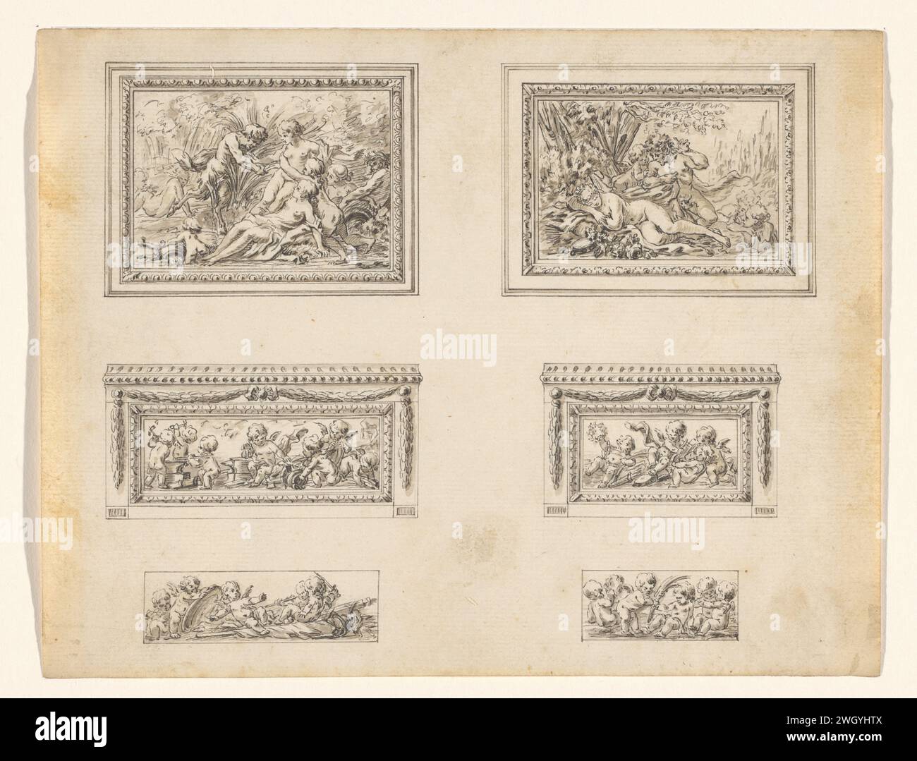 Disegna per una scatola da pizzicare, con le scene figurative per la parte superiore e inferiore e tutti e quattro i lati, anonimo, c. 1770 disegnando il pennello a inchiostro parigino Foto Stock