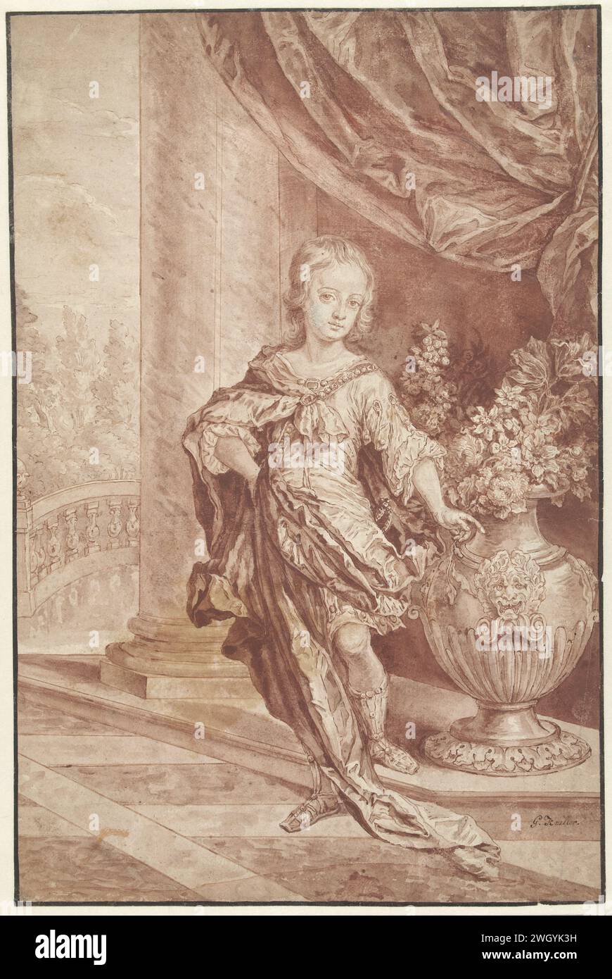 Ritratto di un giovane ignoto in un costume romano immaginato, Gottfried Kneller, 1656 - 1723 disegnando Boysportret in costume fantasy romano, in piedi nel vestibolo di un grande palazzo accanto a un grande vaso da giardino con fiori. carta. gesso. persone storiche penne/pennelli a inchiostro sconosciute per nome. ragazzo (bambino tra bambino e giovane). giovinezza, adolescente Foto Stock