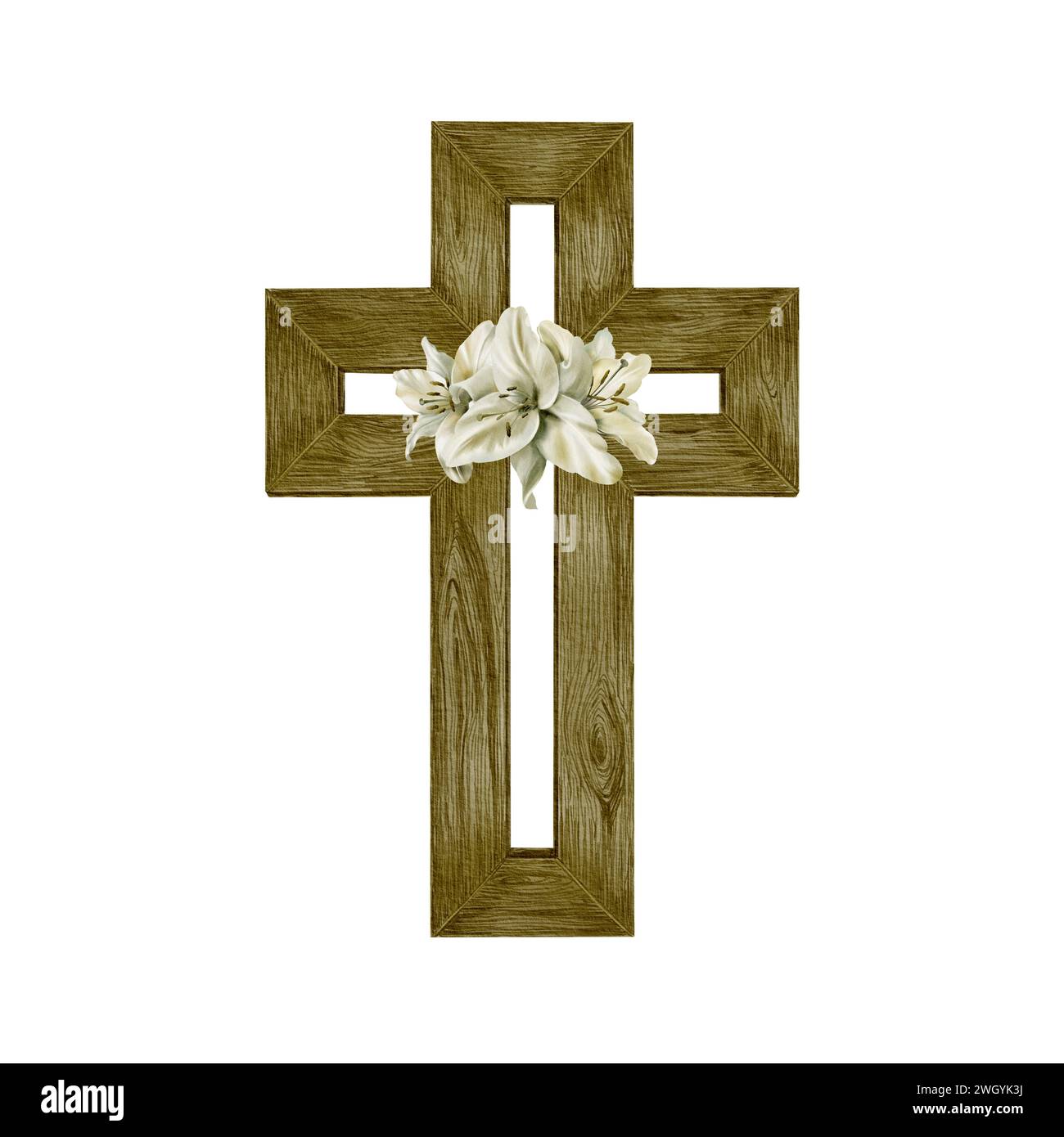 Croce cristiana in legno con gigli. Clipart acquerello. Minimalismo semplice. Simbolo cattolico o ortodosso dipinto a mano per la prima comunità, battesimo Foto Stock