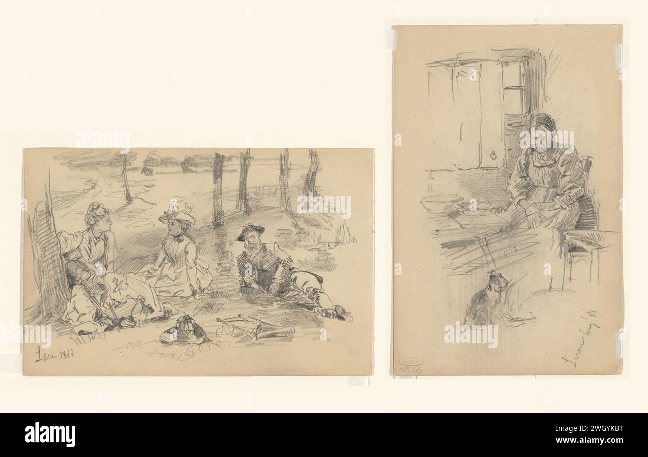 Interni con una donna anziana e un gatto e un'azienda in un paesaggio, Jan Hoynck van Papendrecht, 1888 disegnando una donna anziana seduto a un tavolo vicino a una finestra e guarda un gatto seduto sul pavimento. Una compagnia composta da tre donne e un uomo è seduta e sdraiata in un paesaggio con alberi. Carta Laren. matita seduta a terra. interno della casa. vecchia donna. cat Laren Foto Stock