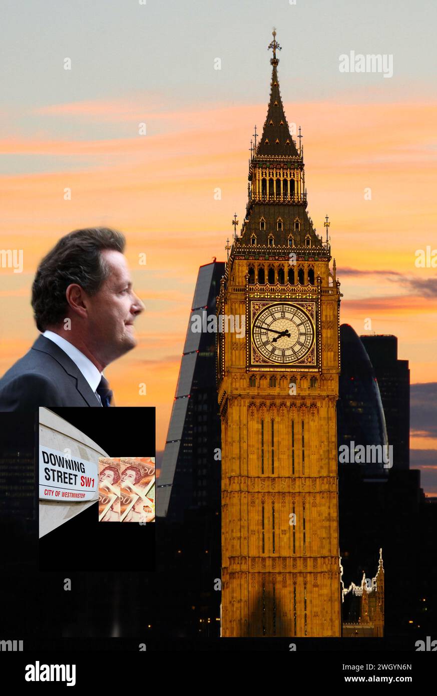 Pier Morgan famoso giornalista e emittente televisiva. Immagine del profilo con immagini della City di Londra e del Big Ben di Westminster. Immagine anche del cartello di Downing Street e banconote da 50 libbre. Cielo crepuscolo. Cerca nella pagina del portfolio Russell Moore per ulteriori immagini e dipinti. Foto Stock