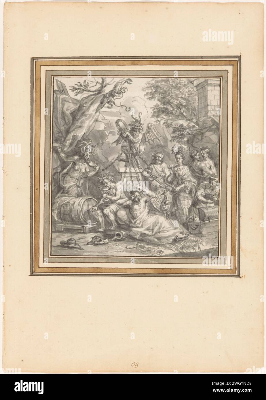 I sette peccati mortali, incatenati al diavolo, Anonymous, c. 1700 disegnando pennello di carta dei Paesi Bassi meridionali Foto Stock