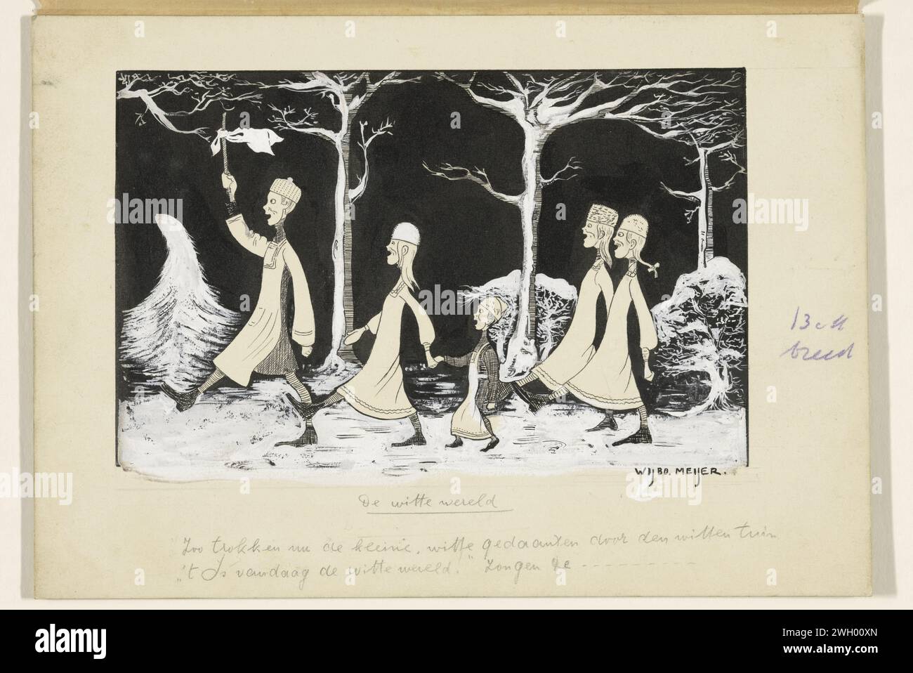 Henk, Anne, Hans, Noor ed Elly marciando attraverso la neve, Wybo Meijer, in o prima del 1913 disegnando i bambini, vestiti con abiti bianchi, marciano in uno dopo l'altro attraverso il giardino innevato. Henk guida la strada e tiene un bastoncino in aria a cui è legato un panno bianco. cartone. Inchiostro India (inchiostro). vernice del ponte. penna a matita / spazzola neve. giocare con neve e ghiaccio Foto Stock