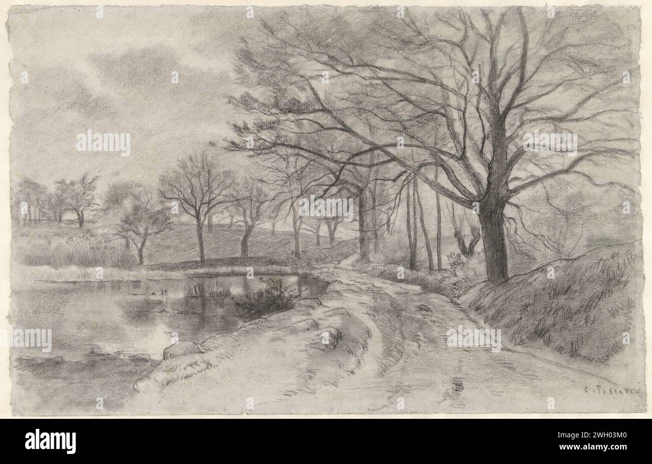 Paesaggio con Beek, Camille Jacob Pissarro, 1860 - 1869 carta da disegno. ruscello di gesso Foto Stock