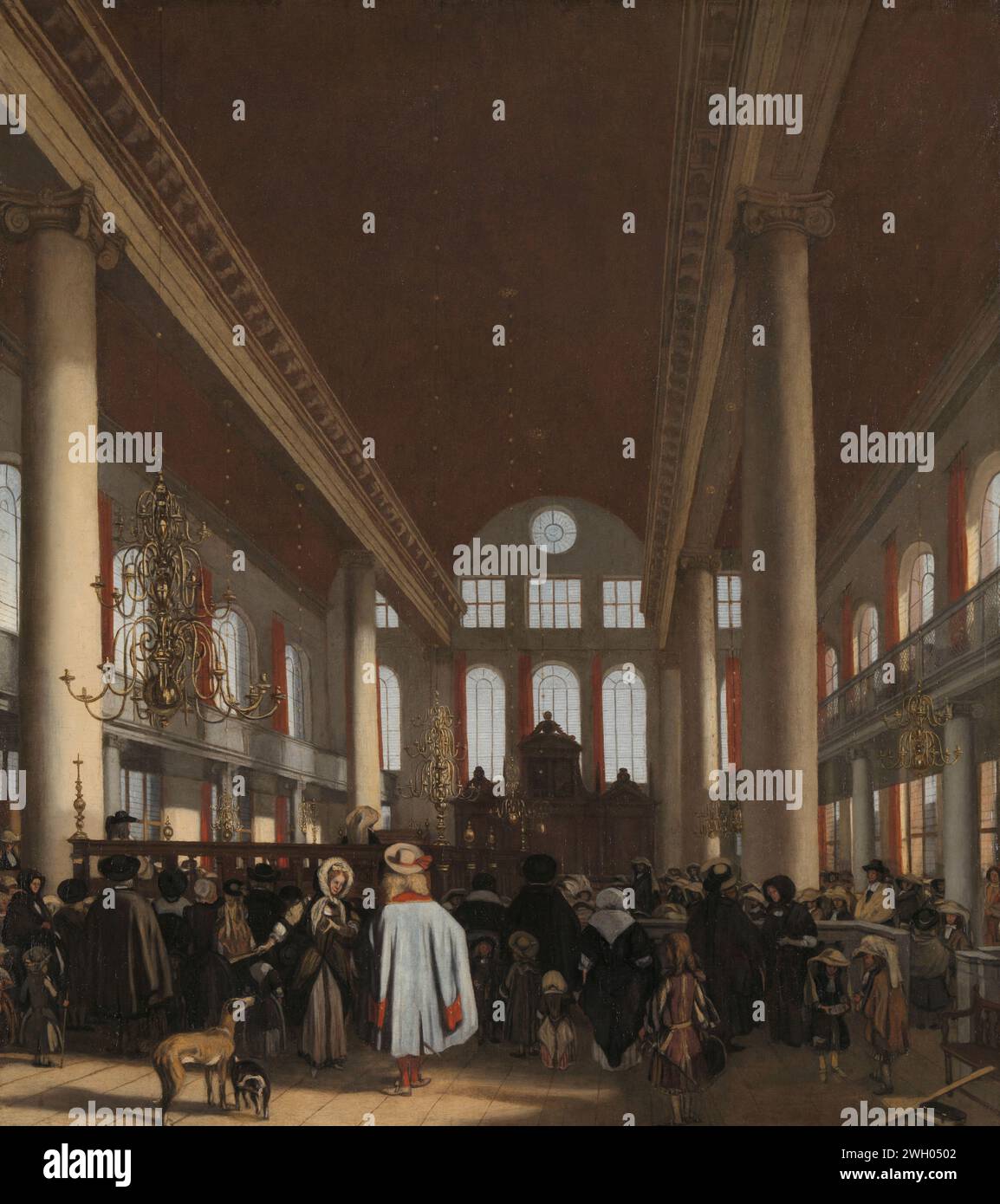 Interno della sinagoga portoghese ad Amsterdam, Emanuel de Witte, 1680 dipinto interno della sinagoga portoghese ad Amsterdam durante una funzione ebraica. In primo piano un gruppo di spettatori con bambini e cani. tela. oliare la vernice (vernice) della chiesa (esterna). La Sinagoga (come edificio e luogo di culto  religione ebraica). Servizi principali nella sinagoga portoghese Foto Stock