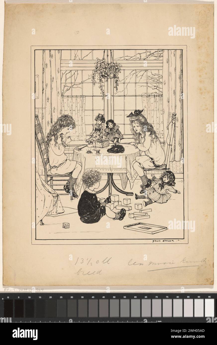 I bambini che giocano in un interno, 1918 disegnano due ragazze sono seduti a un tavolo vicino a una finestra. Una ragazza cerca di infilare un filo attraverso l'occhio di un ago. Sewigerei è sul tavolo e sul pavimento e sul davanzale ci sono bambole. Un ragazzo con i blocchi gioca sul pavimento. cartone. Inchiostro India (inchiostro). penna a matita/spazzola all'interno della casa. (giocando con) blocchi. (giocando con) bambole. ago ~ cucito Foto Stock