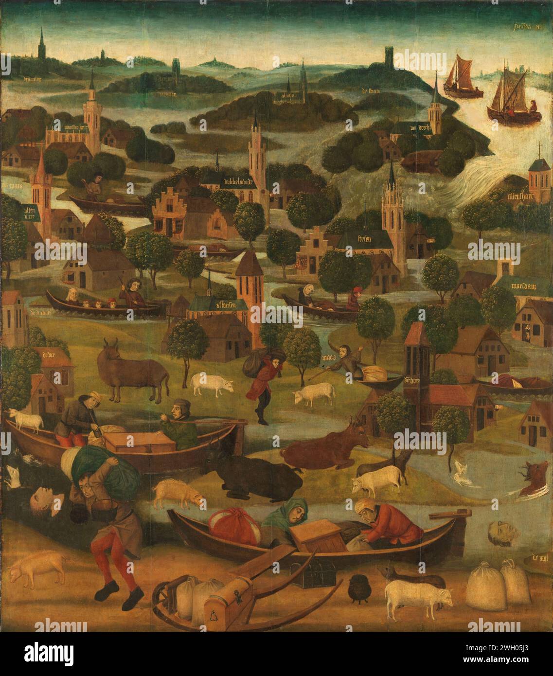 Il giorno di Sant'Elisabetta, Maestro dei pannelli di Santa Elisabetta, c. 1490 - c. 1495 dipingendo l'alluvione di Santa Elisabetta, alluvione il 18 novembre 1421. Il paesaggio colpito dalla catastrofe in poche parole. In alto a destra della diga. In primo piano e nel piano intermedio, le persone cercano di salvare se stesse e i loro beni sulle barche, i corpi di persone annegate e il bestiame galleggiano nell'acqua. All'esterno del pannello destro, si trova una parte di due pannelli, dipinti su entrambi i lati con spettacoli della vita di Santa Elisabetta d'Ungheria (1207-31) e dell'alluvione di Santa Elisabetta del 18 novembre, Novembe Foto Stock