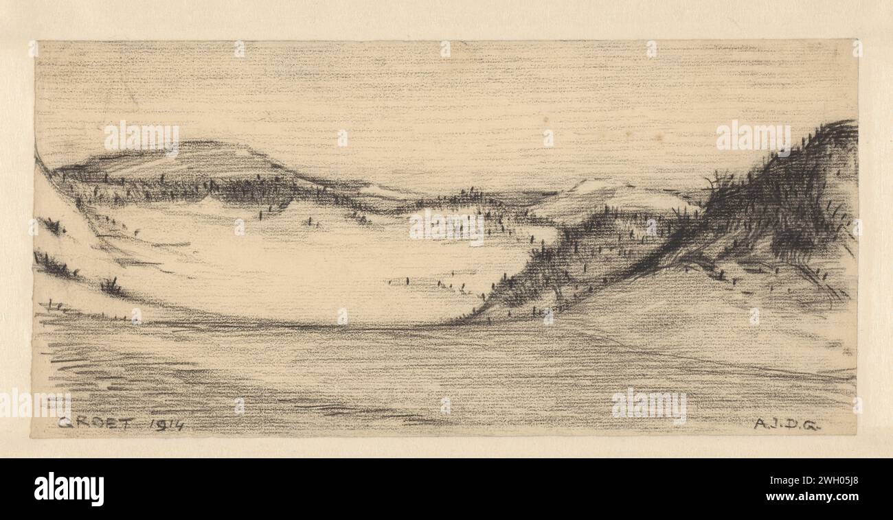 Paesaggio delle dune a Groet, Julie de Graag, 1914 carta da disegno. Dune di gesso (mare non visibile); nelle dune salutano Foto Stock