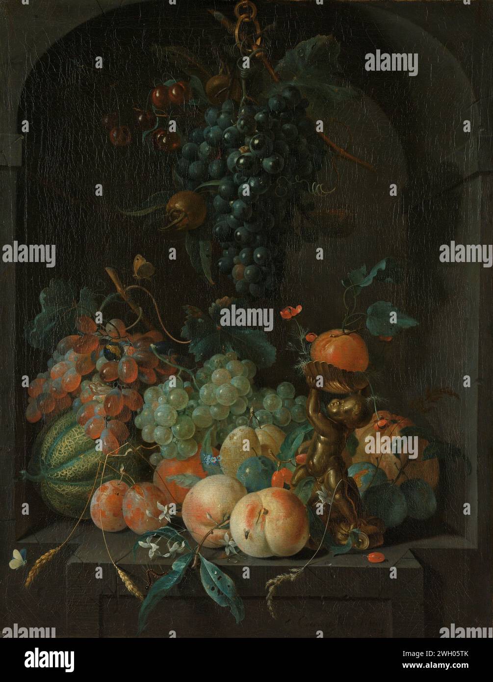 Natura morta con frutta, Coenraet Roepel, 1721 pittura natura morta con frutta. In una nicchia di pietra ci sono uva, pesche, prugne e un melone. Tra il frutto alcune farfalle e sulla destra una statua di rame di un putto che porta una ciotola. In cima alla nicchia ci sono un vock d'uva e ciliegie. Pendente SK-A-336. tela. oliare la vernice (vernice) dei frutti. pezzo di scultura, riproduzione di un pezzo di scultura Foto Stock