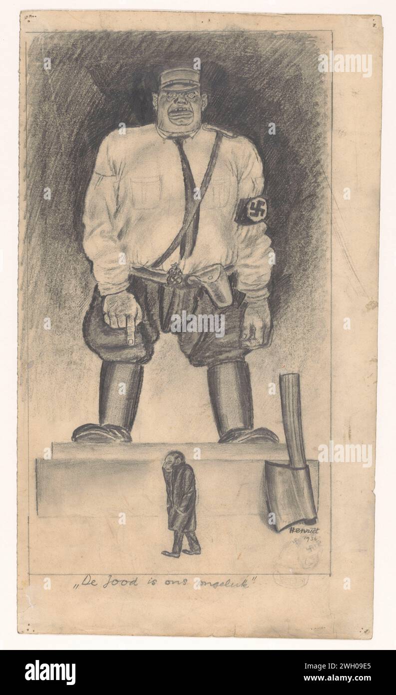 Grande soldato nazionalsocialista che si sente minacciato da un piccolo ebreo che cammina, 1936 disegnando caricature sul nazionalsocialismo con un enorme soldato con svastiche intorno al braccio, che ha un'ascia ai piedi. Il suo dito è rivolto a un piccolo ebreo. Il disegno è stato fatto in un periodo in cui i nazionalsocialisti usano la propaganda come mezzo per stimolare sentimenti antisemiti nei confronti della popolazione. carta. matita. strumenti per gesso, ausili, attrezzi  artigianato e industrie: ascia. soldato privato. caricature (tipi umani). caricature e satire politiche. Governo dittatoriale, tirannia; 'Tiranni Foto Stock