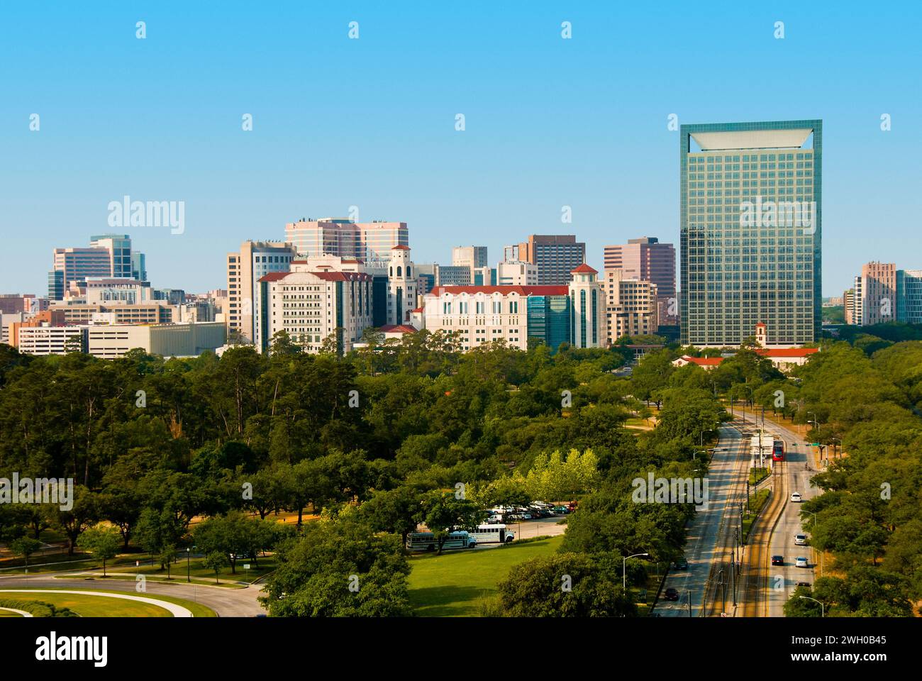 Il Texas Medical Center, il più grande centro medico del mondo per il trattamento di 5 milioni di pazienti ogni anno, situato vicino all'Hermann Park di Houston, Texas Foto Stock