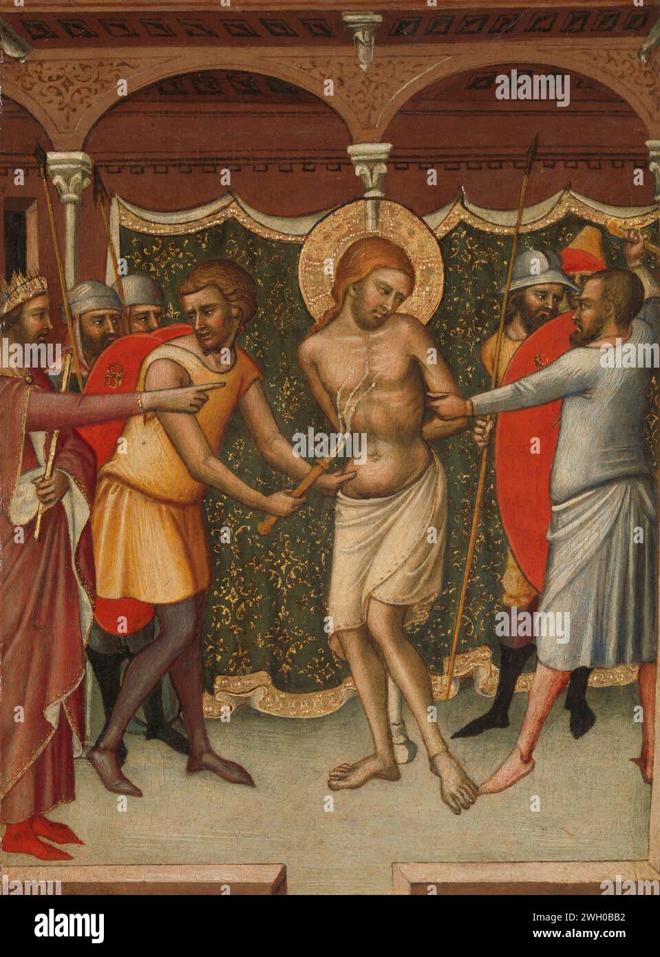 The Flagellest, Luke, c. 1365 dipingendo la truffa di Cristo. Cristo è legato ad una colonna in una galleria di colonne. I soldati di sinistra e di destra e i due carnefici con la frusta. Pilato sta indicando Cristo a sinistra. Bandiera di Siena da parte dei soldati, Cristo solitamente legato a una colonna (Matteo 27:26; Marco 15:15; Giovanni 19:1) Foto Stock