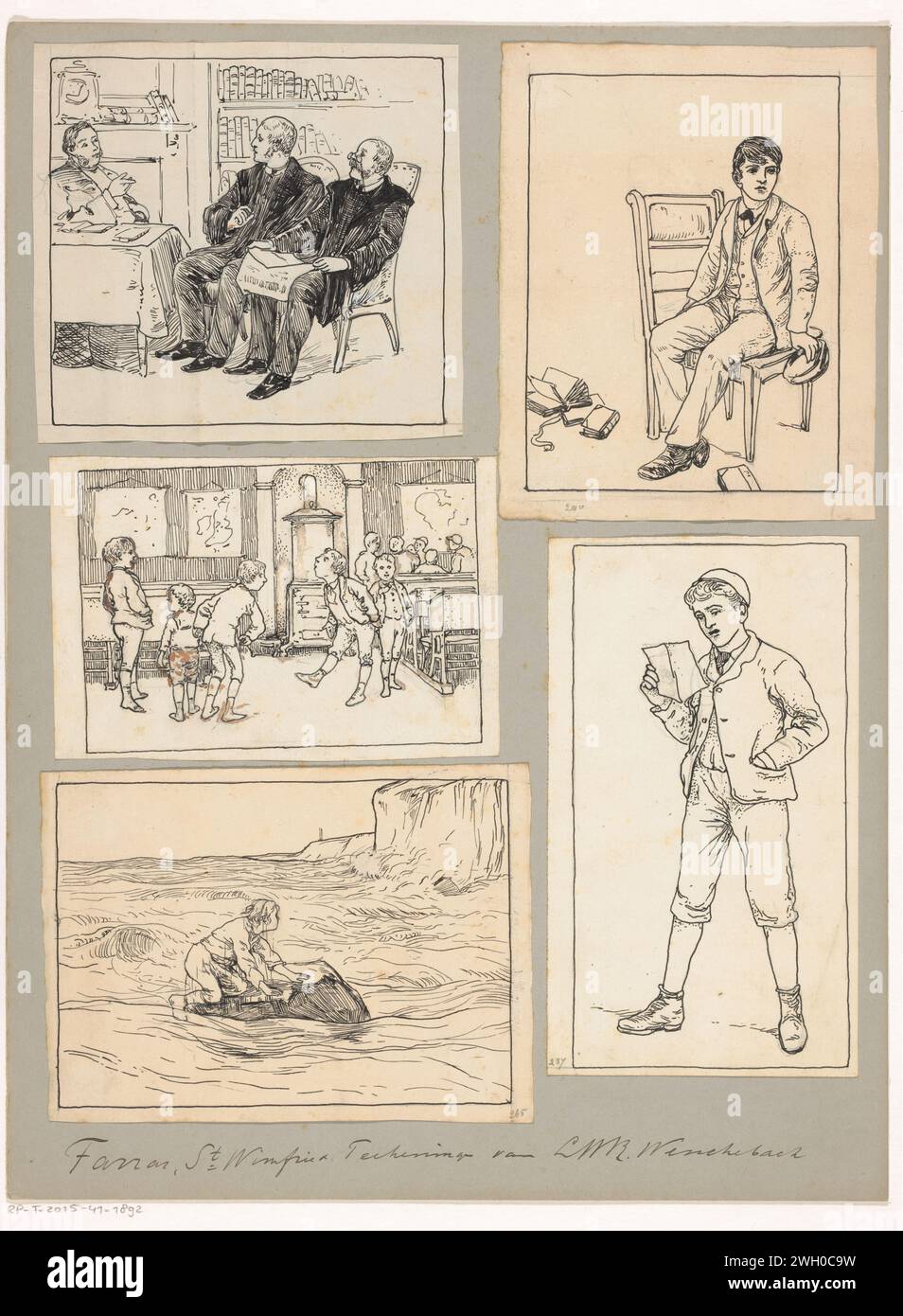 Cinque scene con ragazzi e uomini, Willem Wenckebach, in o prima del 1894 disegnando cinque disegni per illustrazioni di libri con: Tre signori in un salotto, bambini in classe, un ragazzo su una roccia in un mare selvaggio, un ragazzo seduto su una sedia e un ragazzo in piedi che legge le lettere. cartone. carta. Inchiostro India (inchiostro). matita. pennarello/pennello per bambini (bambino tra bambino e bambino). scuola elementare; classe, forma. lettera, busta. mare (mare) Foto Stock