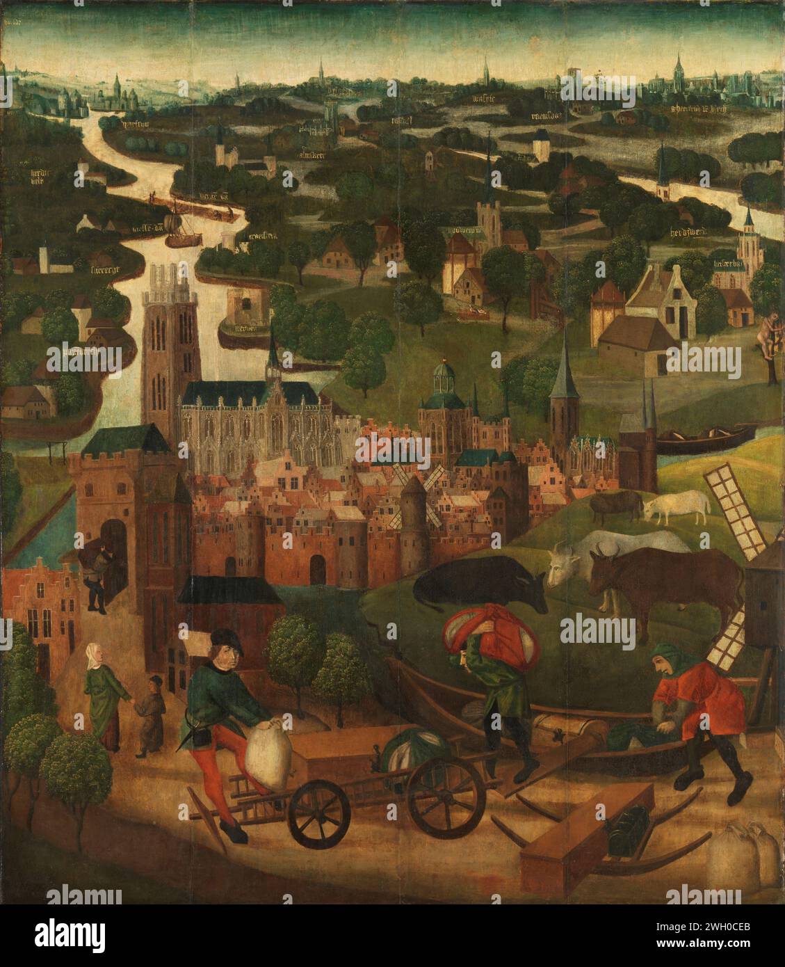 Il giorno di Sant'Elisabetta, Maestro dei pannelli di Santa Elisabetta, c. 1490 - c. 1495 dipingendo l'alluvione di Santa Elisabetta, alluvione il 18 novembre 1421. Al centro la città di Dordrecht con il Varkpoort sulla sinistra. In primo piano, tre uomini caricano merci da una barca su un'auto. Sulle mucche di destra nel prato vicino a un mulino. Sullo sfondo il paese tra Maas e Waal con diversi villaggi che sono indicati dal nome. All'esterno del pannello di sinistra, si trova una parte di due pannelli, dipinti su entrambi i lati con spettacoli della vita di Santa Elisabetta d'Ungheria (1207-31) e della Sint Elisabeth flo Foto Stock