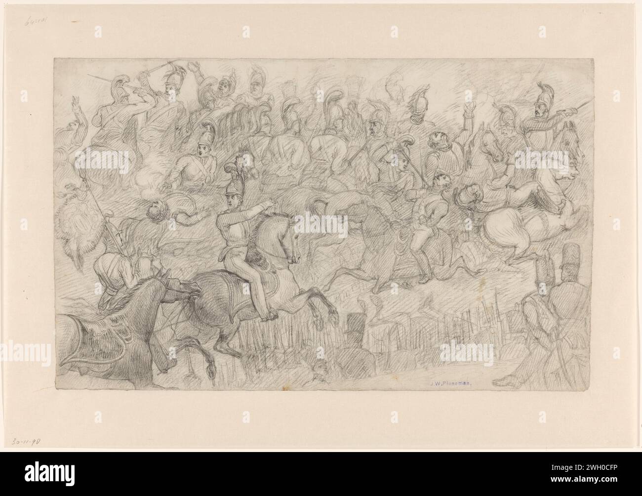 Study for the Battle of Waterloo, Jan Willem Pieneman, c. 1824 carta da disegno. battaglia con gesso (+ forze terrestri). eventi e situazioni storiche Foto Stock