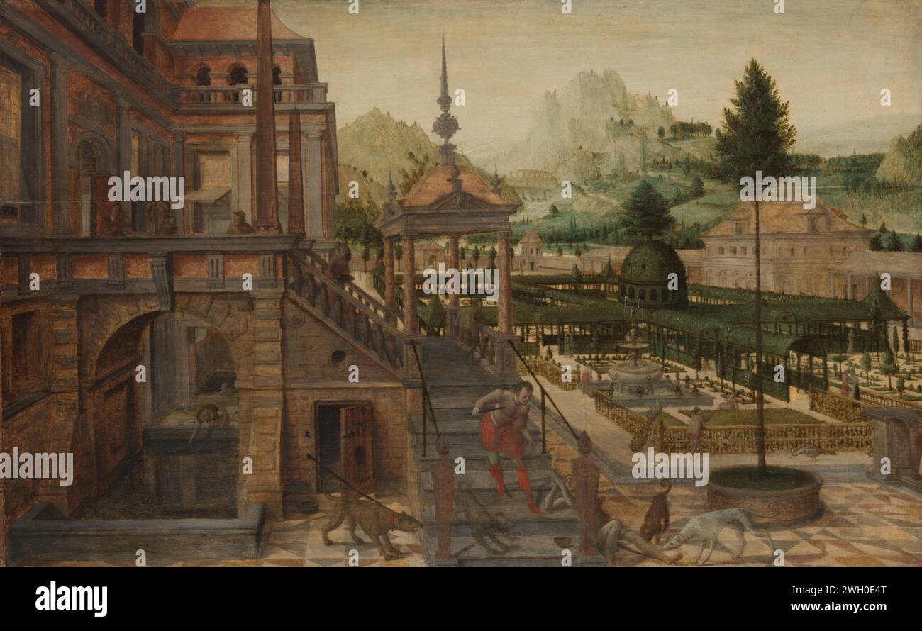 Giardini del palazzo con il povero Lazzaro in primo piano, Hans Vredeman de Vries, 1550 - 1606 dipinto in fondo alle scale all'ingresso di un palazzo, il povero Lazzaro sta implorando, i suoi giuramenti sono leccati dai cani. Ci sono varie figure sulle scale. A destra del palazzo un giardino ornamentale o parco con un pergolato, una fontana e pavoni. pannello. Pittura a olio (pittura) l'uomo ricco (immersioni) sta festeggiando, mentre il povero Lazzaro sta morendo di fame al cancello (cani leccano le piaghe di Lazzaro) (Luca 16:19-31). Giardino francese o architettonico; giardino formale. palazzo Foto Stock