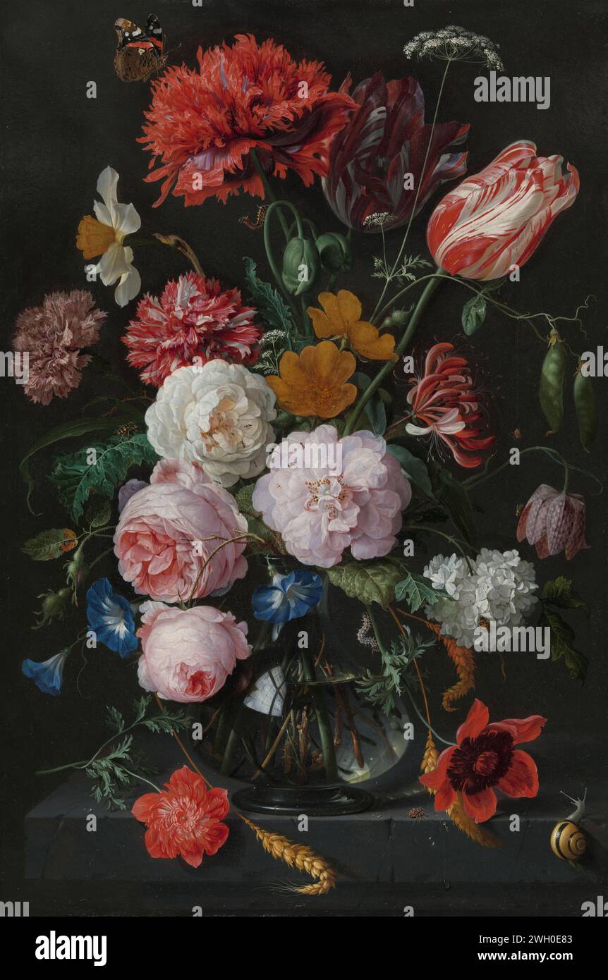 Natura morta con fiori in vaso di vetro, Jan Davidsz. De Heem, 1650 - 1683 dipingere natura morta con fiori in vaso di vetro su una foglia di pietra. Bouquet con, tra l'altro, fiori quotidiani, rose (bianche, rosa), frumento, erba di flauto, garofano (rosso-bianco), trancarcis, palla dorsale, tulipani (rosso-bianco), Pronkerwt, Hondsroos, Hump-Foulie, Kievitsbloem, Gelderse Roos, Anemoon (rosso) e un anemone (rosso) sulla base; inoltre, una farfalla atalanta, un bruco della farfalla psi, un bruco della tensione, coleotteri, formiche e altri insetti, ragni e una lumaca da giardino. rame (metallo). flusso di vernice (vernice) a olio Foto Stock