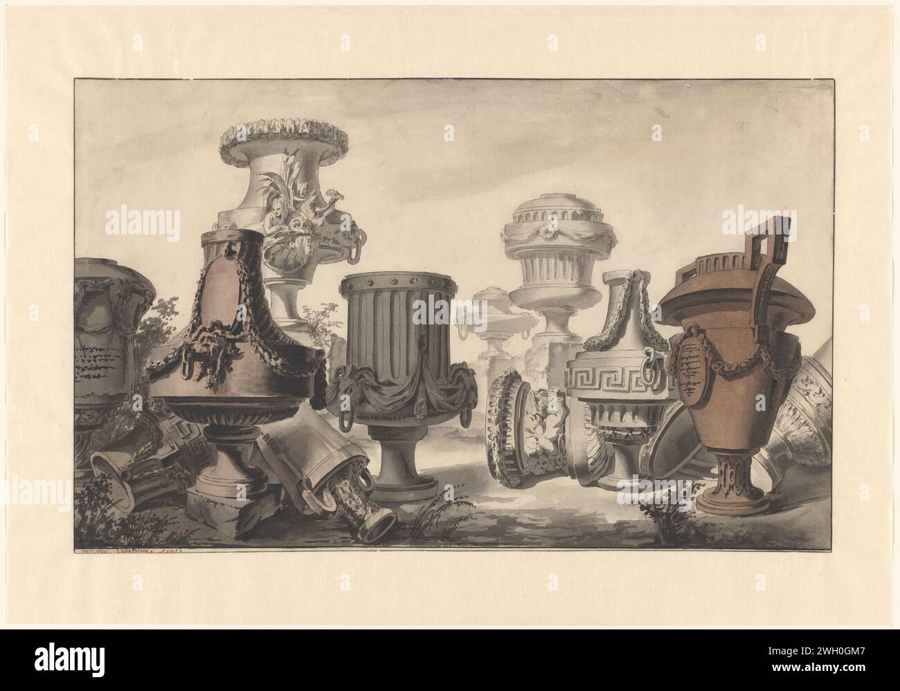 Vasi neoclassici in un paesaggio, Jean Charles Delafosse, carta Parigi del 1761. inchiostro. penna/spazzola per gomma (materiale) Foto Stock