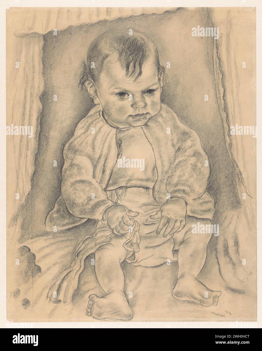 Bambino seduto con un pezzo in mano, Henk Henriët, 1934 carta da disegno. matita infantile, baby Foto Stock