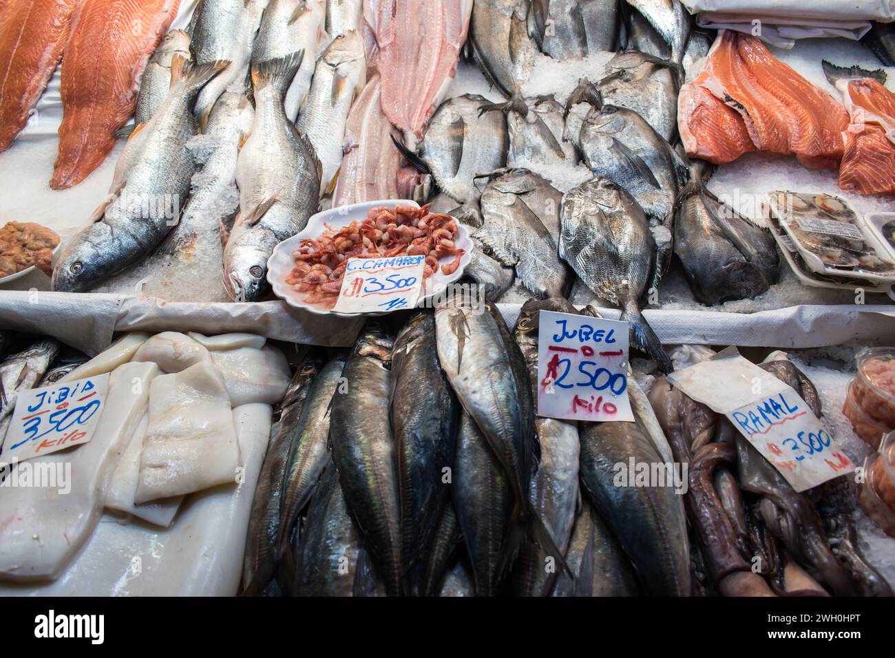 Pesce in vendita al mercato centrale del Cile. Foto Stock
