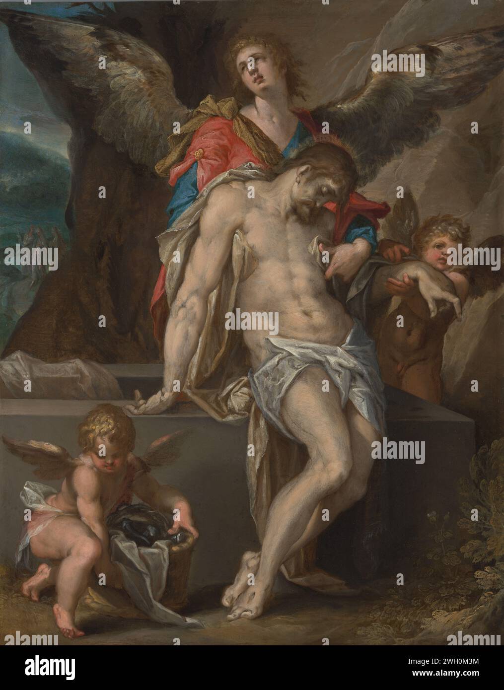 Gli Angeli indossano il corpo di Cristo (Engelenpietà), Bartholomeus Spranger, c. 1587 dipingendo il corpo morto di Cristo, il cosiddetto uomo dei dolori, è mostrato quasi in prima linea. L'angelo in primo piano regge un cesto con strumenti di tortura (corona di spina, unghie). Sullo sfondo sinistro, le tre Maria stanno andando verso la tomba che poi troveranno vuota. Olio di Praga (materiale organico). rame (metallo) Foto Stock