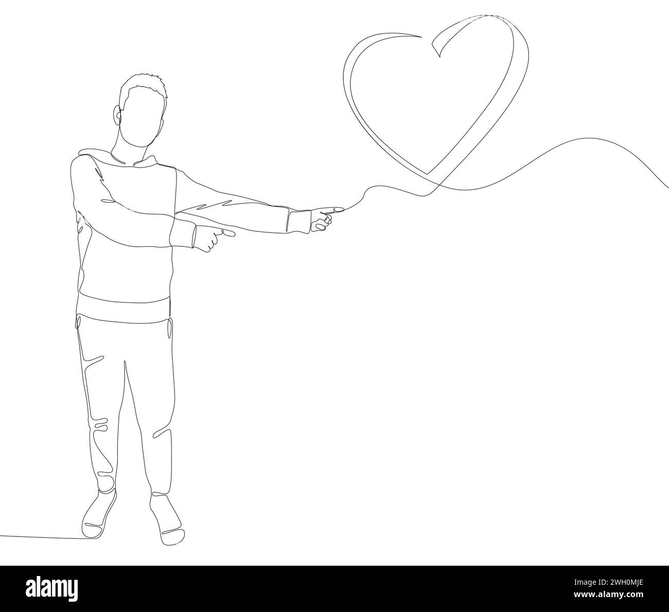 Una linea continua di Man che punta con il dito a cuore. Concetto del vettore dell'illustrazione a linee sottili. Idee creative per il disegno dei contorni. Illustrazione Vettoriale