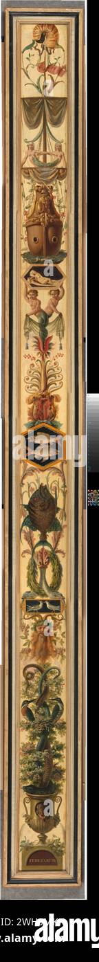 Febbraio con il segno dei pesci, Jan Kamphuijsen, 1791 dipinto come afferma l'iscrizione sottostante, il soggetto di questo dipinto è il mese di febbraio. Il segno della pesca della costellazione è raffigurato su un rilievo con uno stock nero. La barca potrebbe derivare da una serie di tappeti disegnati da Claude III Audran (1658-1734) intorno al 1709 le Douze Mois grotesques, che fu messa in stampa da Jean Audran (1667-1756). Una barca simile può essere vista sulla stampa con i primi due mesi di febbraio. Invece di Neptunes, il dio della protezione di febbraio, il dipinto mostra lo Zeegeod Okeanos. Può essere recogni Foto Stock