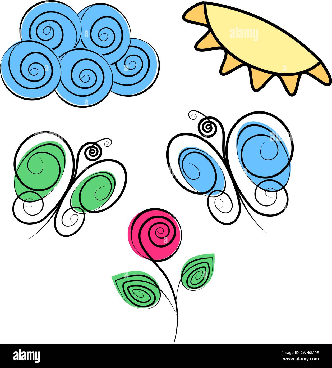 Nuvola a spirale, sole, farfalle e rosa fiorita nei colori dei marcatori. SER di 5 elementi di design stilizzati. Isolare. EPS. Concetto vettoriale per saluti o inviti, poster, banner, brochure, cartelloni pubblicitari o Web Illustrazione Vettoriale