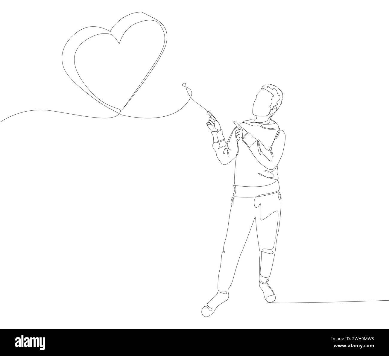 Una linea continua di Man che punta con il dito a cuore. Concetto del vettore dell'illustrazione a linee sottili. Idee creative per il disegno dei contorni. Illustrazione Vettoriale