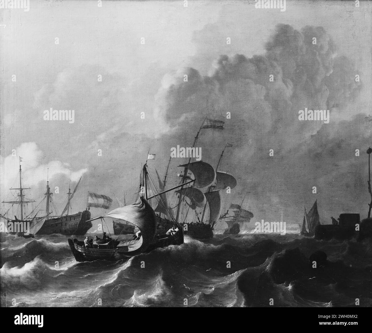 La Y di Amsterdam, Ludolf Bakhuysen, c. 1680 - c. 1708 navi da pittura su un turbolento IJ per Amsterdam. In primo piano un tjalk, qualche nave da guerra dietro di esso. Sulla destra c'è un porto con un segnale. tela. vernice a olio (vernice) sea (vista mare). Barca a vela, barca a vela IJ Foto Stock