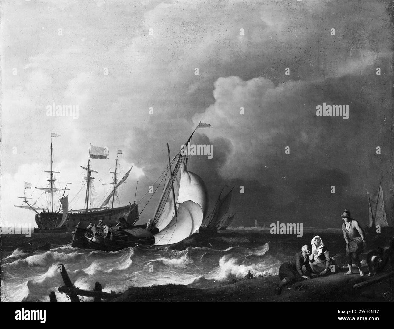 Rough Sea, Ludolf Bakhuysen, 1692 dipinge mare turbolento con le navi. Davanti a un tjalk, a sinistra una nave da guerra, a destra alcune figure sulla riva. tela. barca a vela con vernice a olio (vernice), barca a vela. mare (mare) Foto Stock