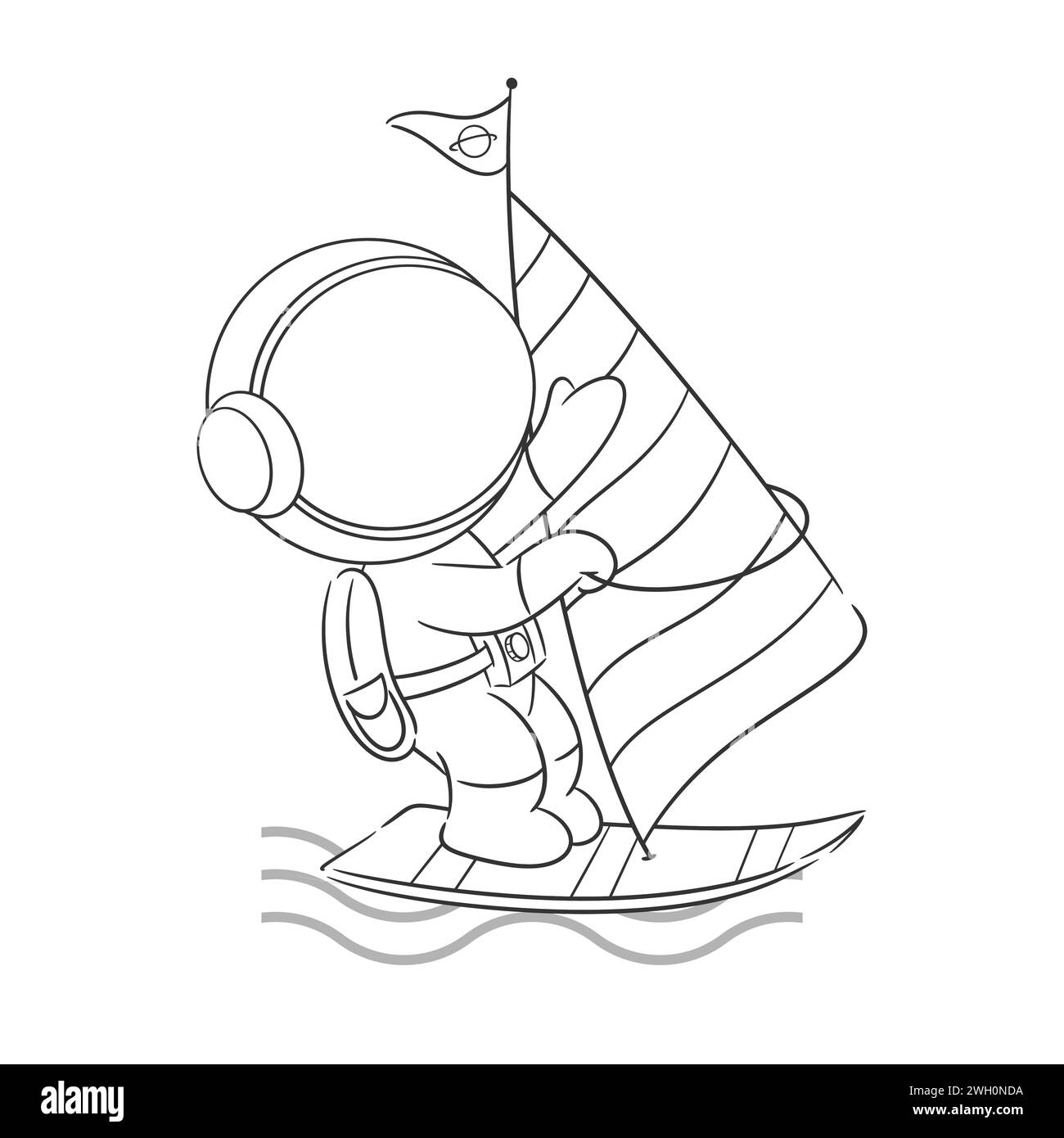 Astronauta che gioca a windsurf nell'oceano per colorare Illustrazione Vettoriale
