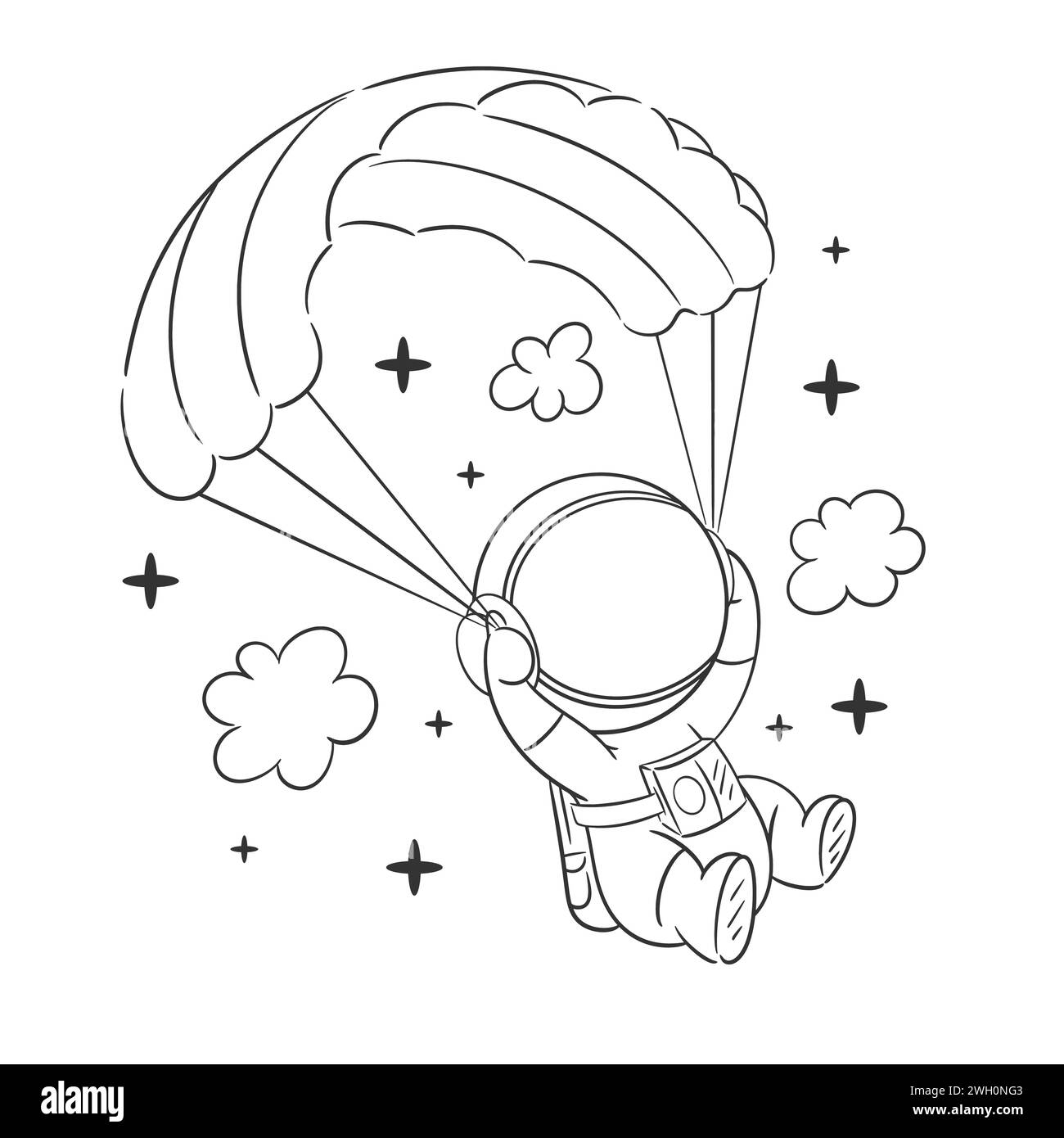 L'astronauta sta facendo paracadute in un bel cielo per colorare Illustrazione Vettoriale