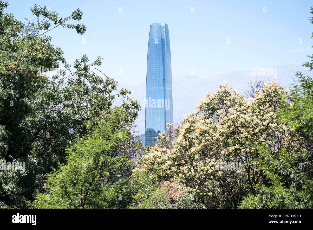 La Costanera Tower, l'edificio più iconico del Cile, si distingue nel paesaggio visto dal Parco metropolitano di Santiago nei primi giorni d'estate. Foto Stock