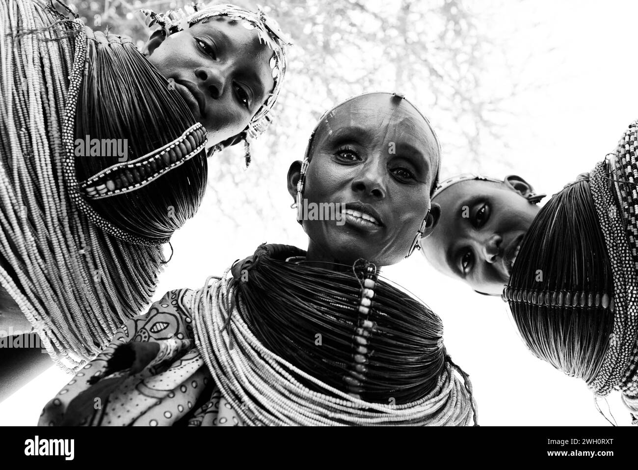 Una donna Rendille che indossa una collana tradizionale realizzata con fasci di capelli di coda di giraffa. Regione di Korr nel nord del Kenya. Foto Stock