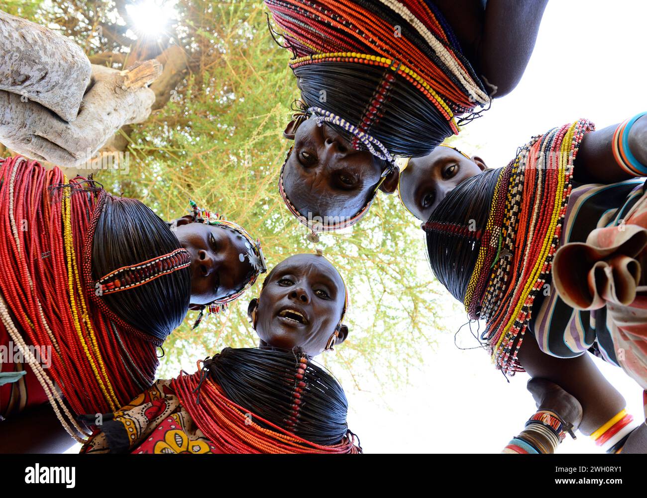 Una donna Rendille che indossa una collana tradizionale realizzata con fasci di capelli di coda di giraffa. Regione di Korr nel nord del Kenya. Foto Stock
