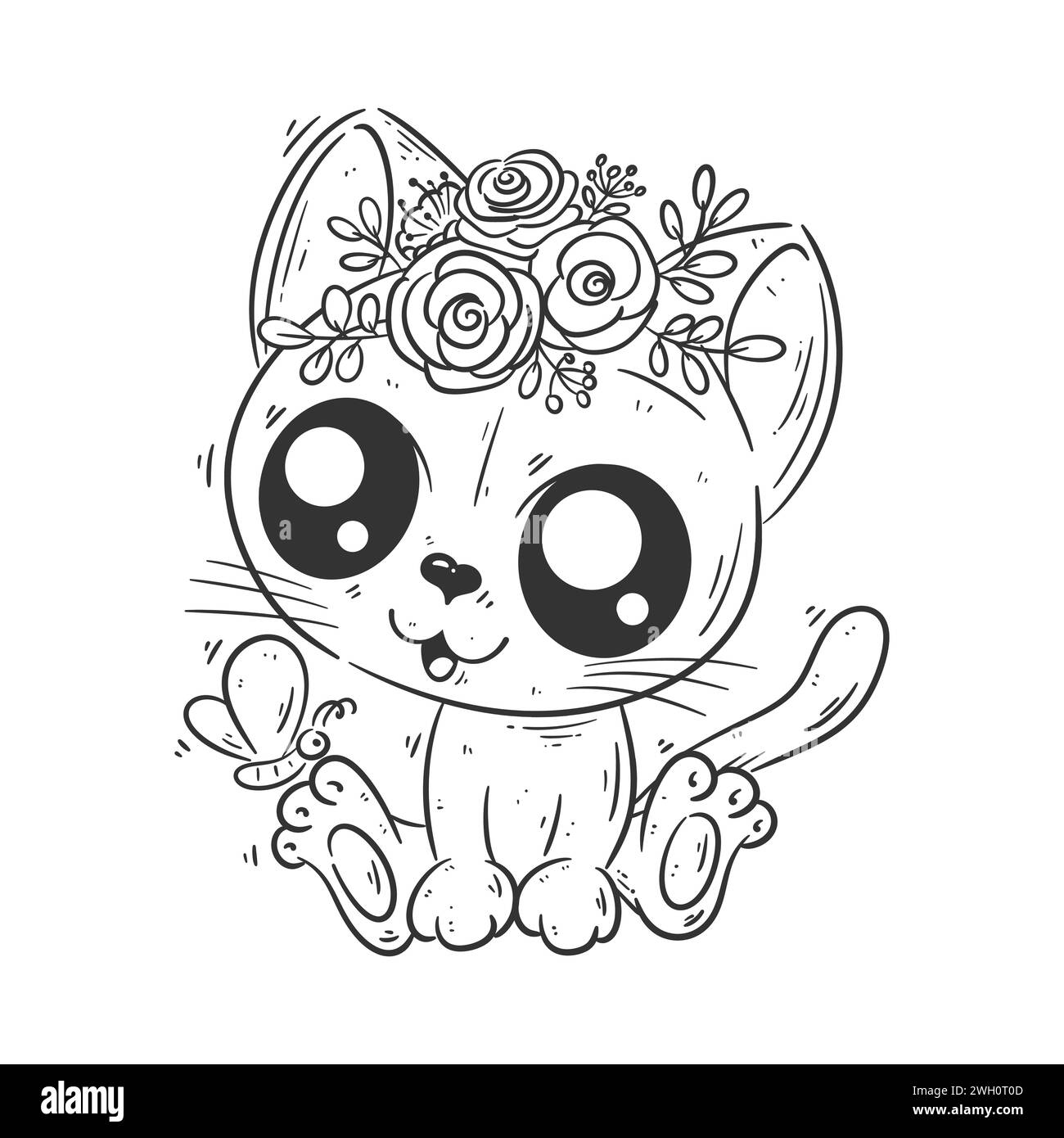 Carino gatto seduto a giocare con un vettore di cartoni animati a farfalla per colorare Illustrazione Vettoriale