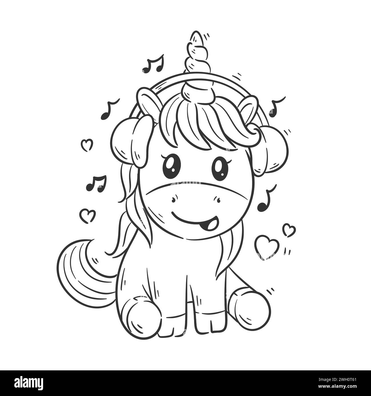 Un simpatico unicorno sta ascoltando i cartoni animati per colorare Illustrazione Vettoriale