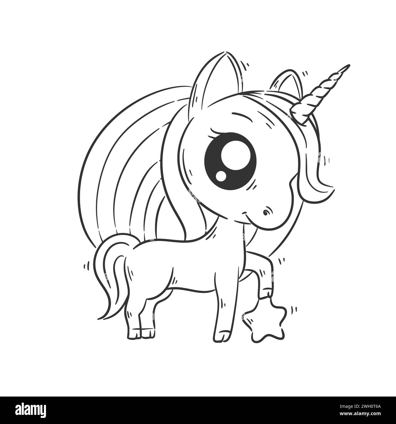 Il simpatico unicorno è davanti al vettore dei cartoni animati arcobaleno per colorare Illustrazione Vettoriale