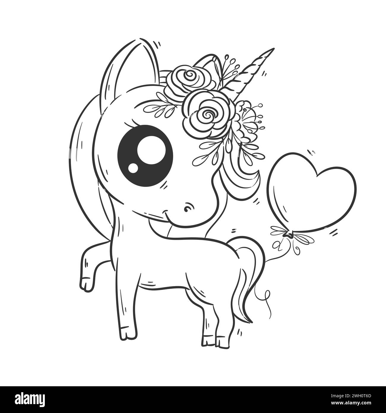 Un simpatico unicorno sta giocando con i palloncini vettoriali dei cartoni animati per colorare Illustrazione Vettoriale