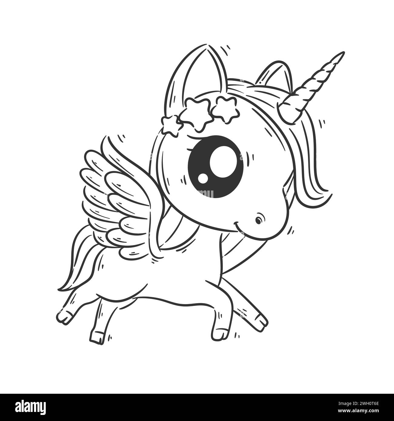 Un simpatico unicorno sta volando un vettore di cartoni animati per colorare Illustrazione Vettoriale