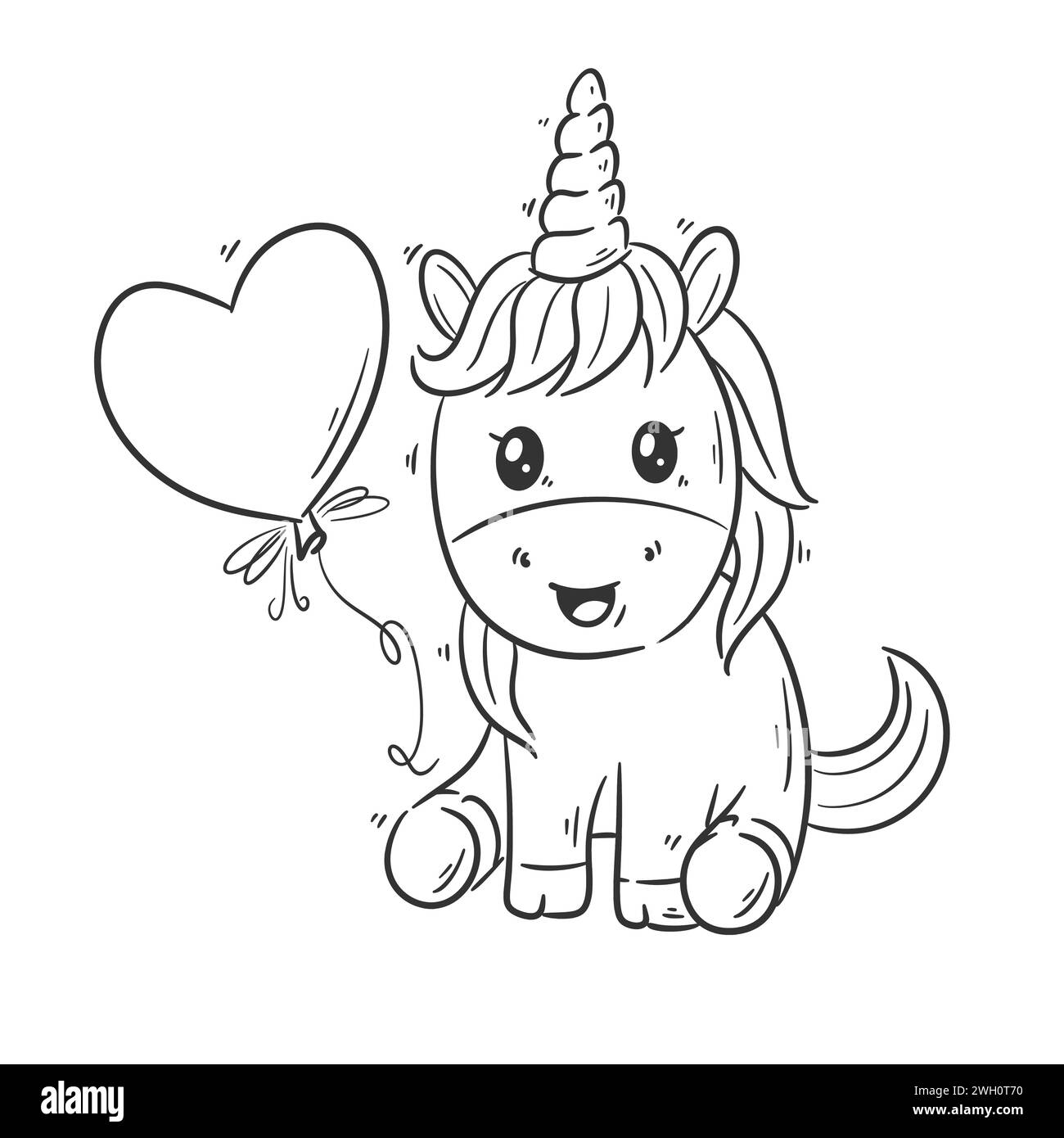 Un simpatico unicorno sta giocando con i palloncini vettoriali dei cartoni animati per colorare Illustrazione Vettoriale