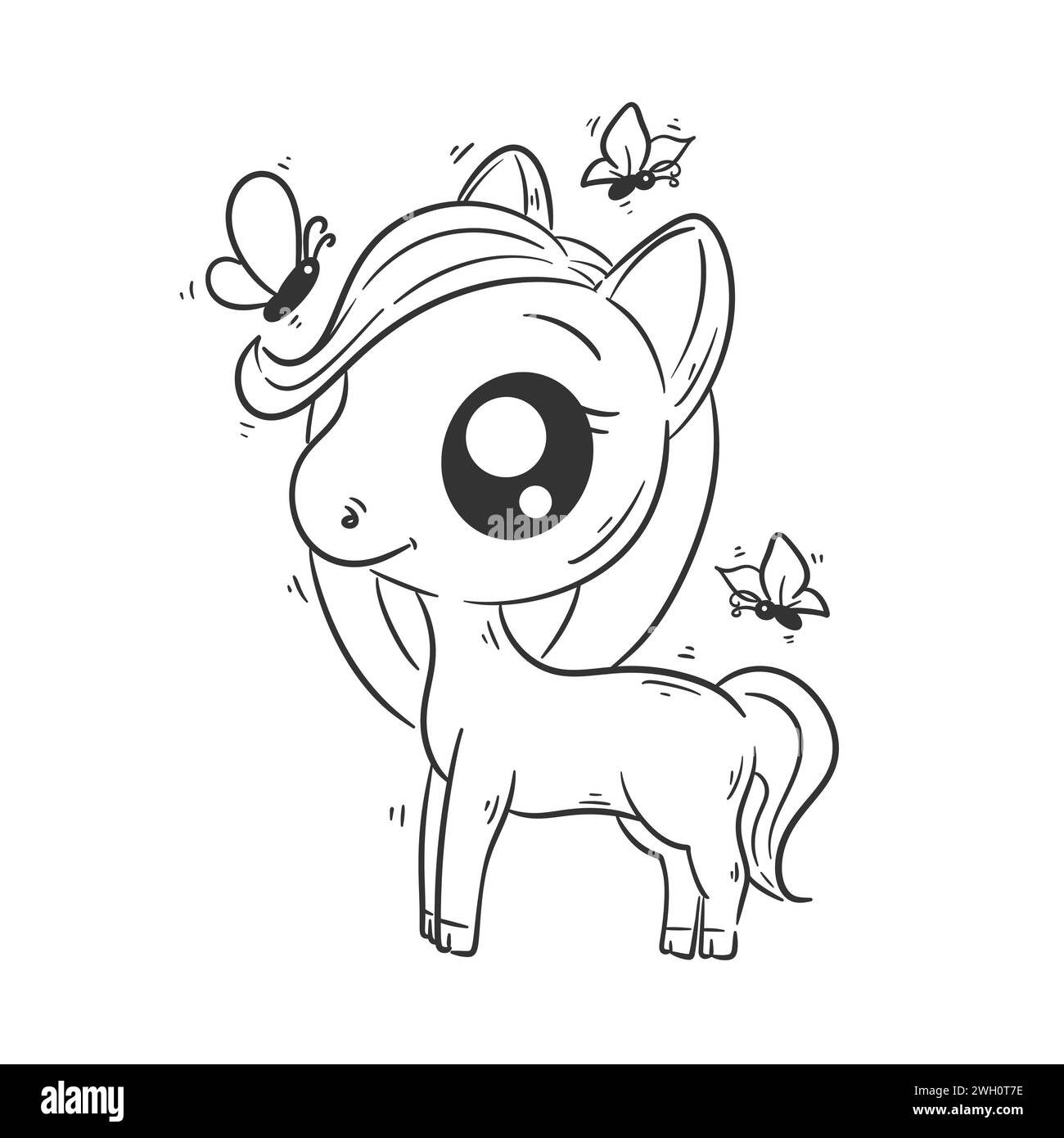 Un simpatico unicorno sta giocando con il vettore di cartoni animati farfalla per colorare Illustrazione Vettoriale